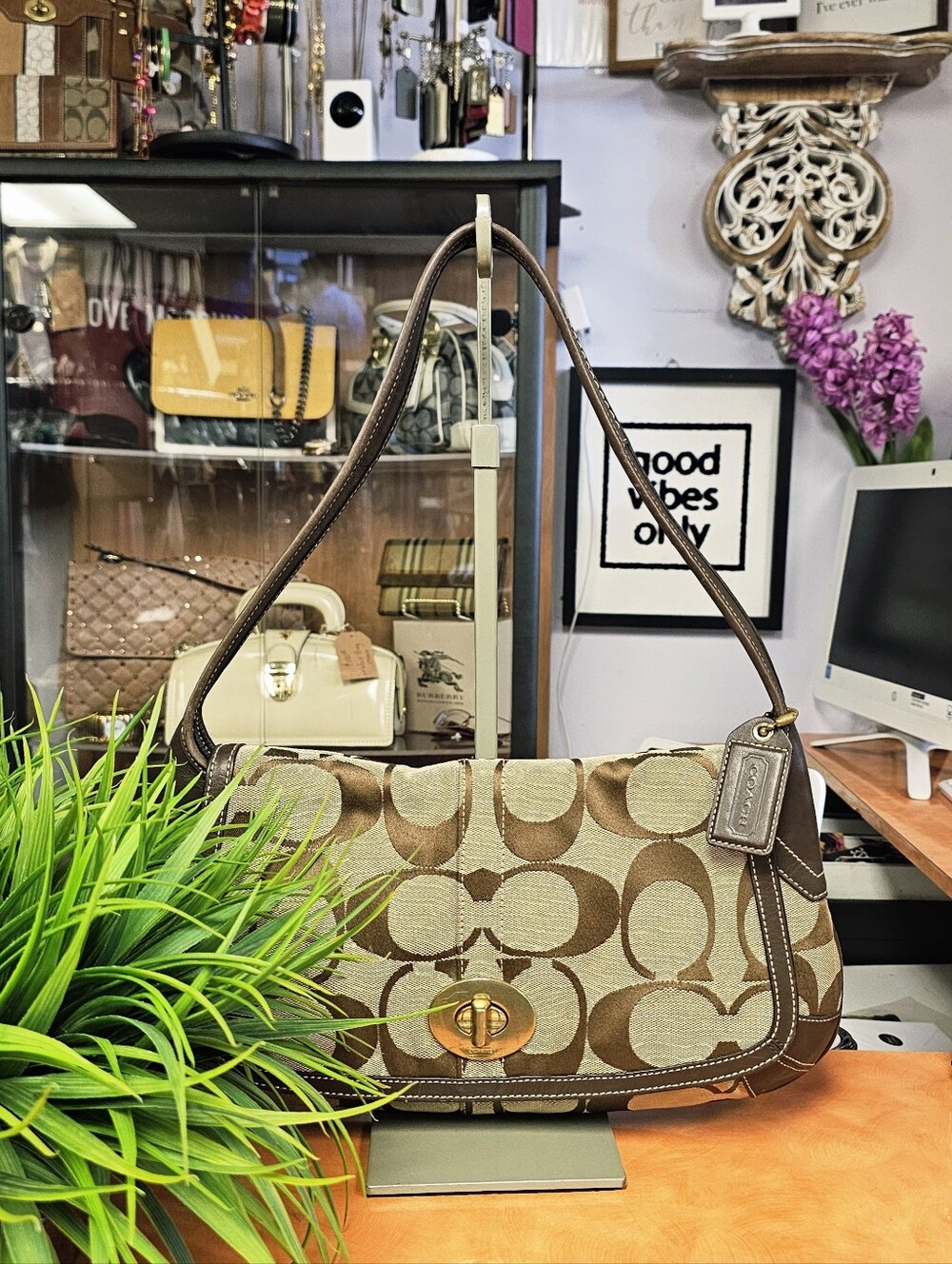 Coach Brown Y2K Signature Canvas Shoulder Bag with Leather Trim